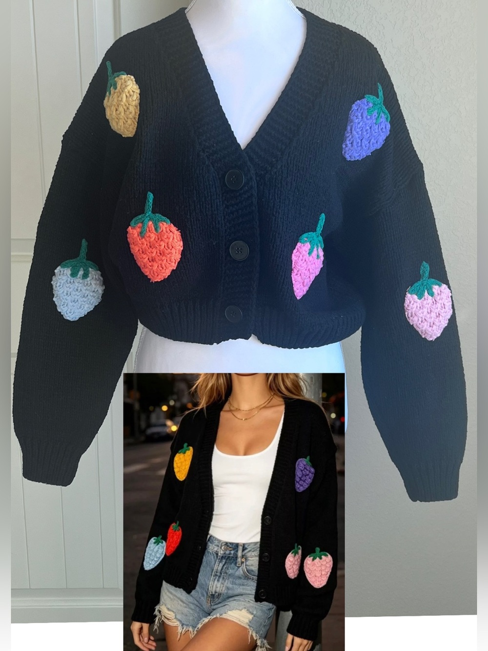 Luna Ivy Cardigan Sweater Black Colorful Strawberries Cropped Button up Small
